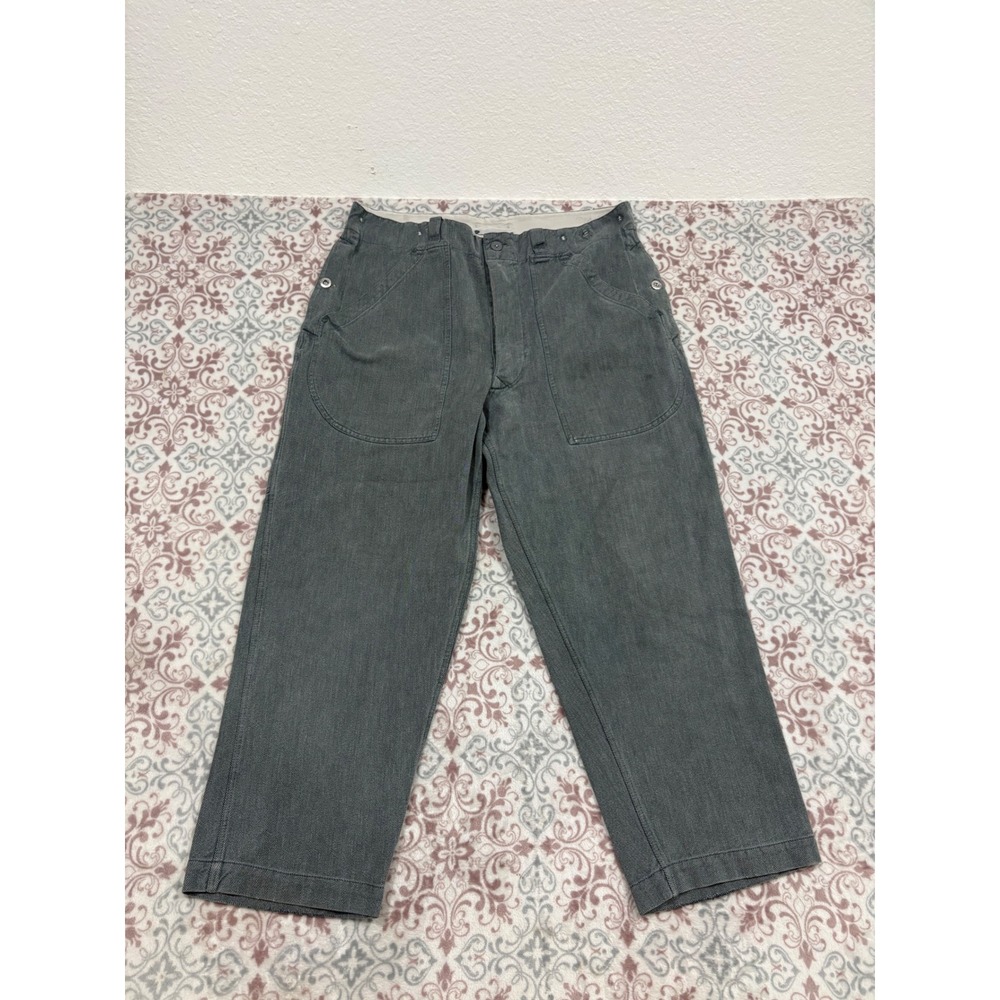 Vintage Swiss Military Work Trousers Grey Denim Utility Pants Button Fly 33x27